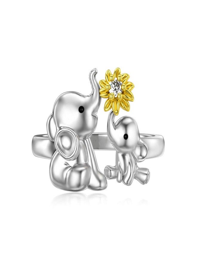 LONAGO Elephant Ring Mother Elephant with Sunflower Stacking Ring Sterling Silver Gift for Women (Size 5) - Image 1