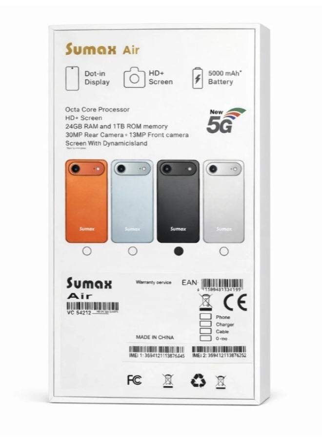 Sumax Air Smartphone – HD+ Display, 5000mAh Battery, 24GB RAM + 1TB Storage, Dual Camera, High Performance Mobile (BLACK) - Image 3