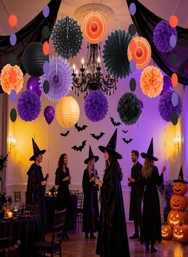 FETETIJD Black Orange Purple Halloween Party Decorations Halloween Paper Decorations Tissue Paper Pom Poms Lanterns Fans Streamers Garland for Happy Halloween Party Supplies Decor - Image 2