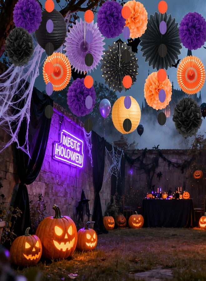 FETETIJD Black Orange Purple Halloween Party Decorations Halloween Paper Decorations Tissue Paper Pom Poms Lanterns Fans Streamers Garland for Happy Halloween Party Supplies Decor - Image 3