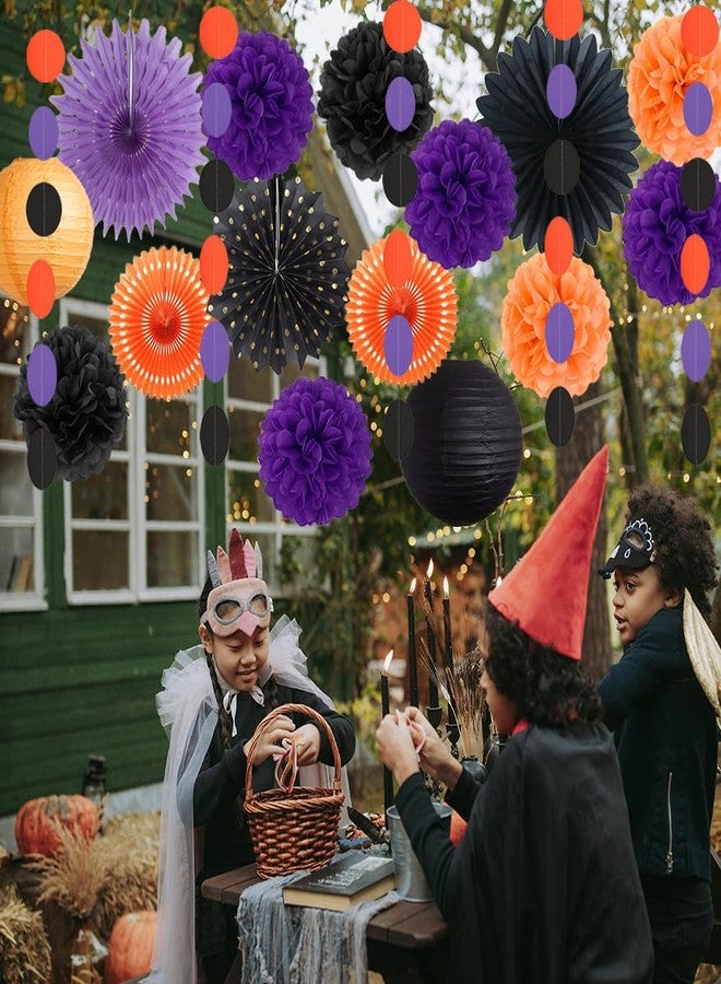 FETETIJD Black Orange Purple Halloween Party Decorations Halloween Paper Decorations Tissue Paper Pom Poms Lanterns Fans Streamers Garland for Happy Halloween Party Supplies Decor - Image 4