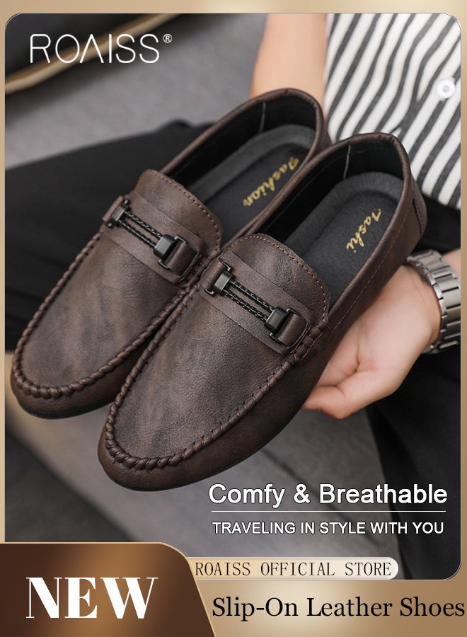 Business Casual Loafers for Men Fashionable Soft Bottom Wear Resistant Slip on Driving Shoes for Men Comfy and Breathable Leather Shoes with Buckle Decor Round Toe Lightweight Walking Shoes Brown