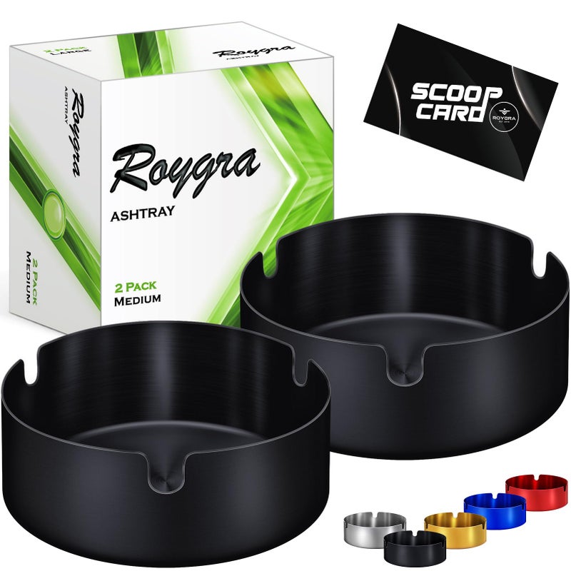 roygra Ash Tray 2 Pack Outdoor Ashtray for Outside Patio Stainless Steel Ashtrays for Cigarettes with 3 Holder Smoking Accessories Home Dcor Ashtrays for Smokers Indoor Black Medium
