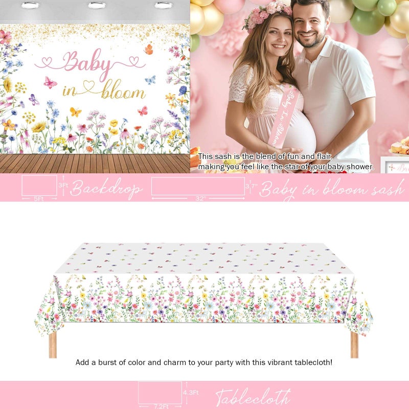 Fiesec Baby in Bloom Baby Shower Decorations, Baby Shower Decorations for Girl, Flower Themed Backdrop Balloon Box Tablecloth Cake Topper Sash for Floral Baby Shower Decorations for Girl Pink Green - Image 4