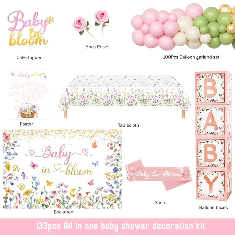 Fiesec Baby in Bloom Baby Shower Decorations, Baby Shower Decorations for Girl, Flower Themed Backdrop Balloon Box Tablecloth Cake Topper Sash for Floral Baby Shower Decorations for Girl Pink Green - Image 2