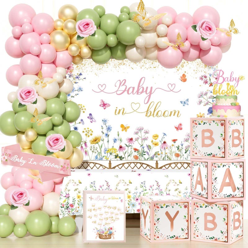 Fiesec Baby in Bloom Baby Shower Decorations, Baby Shower Decorations for Girl, Flower Themed Backdrop Balloon Box Tablecloth Cake Topper Sash for Floral Baby Shower Decorations for Girl Pink Green - Image 1