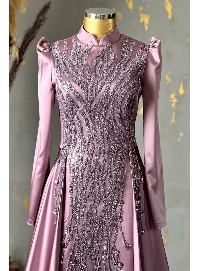 Esilanur Damla Hijab Evening Dress Lilac - Image 4
