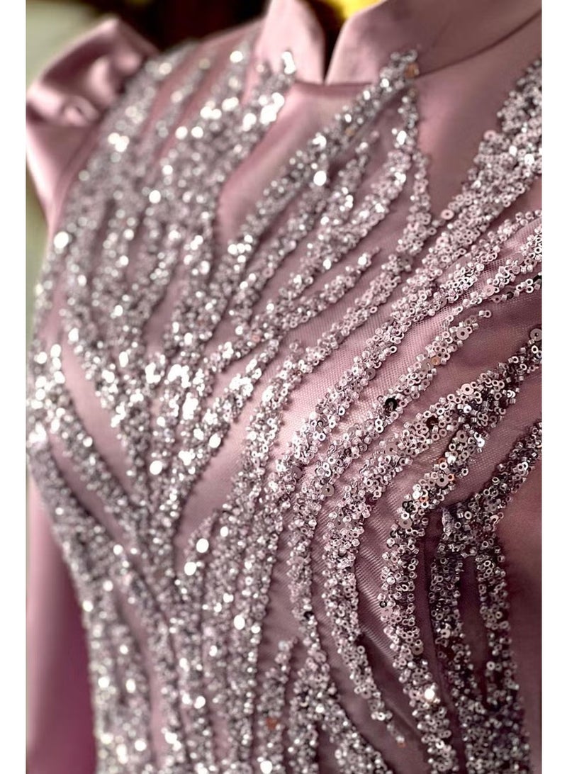Esilanur Damla Hijab Evening Dress Lilac - Image 3
