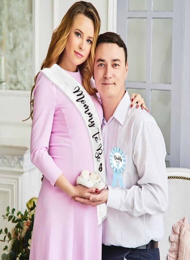 PATICARRY White Lace Sash and Blue Dad To Be Tinplate Badge Pins for Baby Shower Decorations, Welcome Baby Boy, Baby Shower Button New Dad for Gender Reveal - Blue Rosette Button Baby Celebration - Image 4