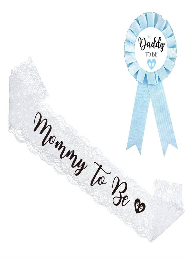 PATICARRY White Lace Sash and Blue Dad To Be Tinplate Badge Pins for Baby Shower Decorations, Welcome Baby Boy, Baby Shower Button New Dad for Gender Reveal - Blue Rosette Button Baby Celebration - Image 1