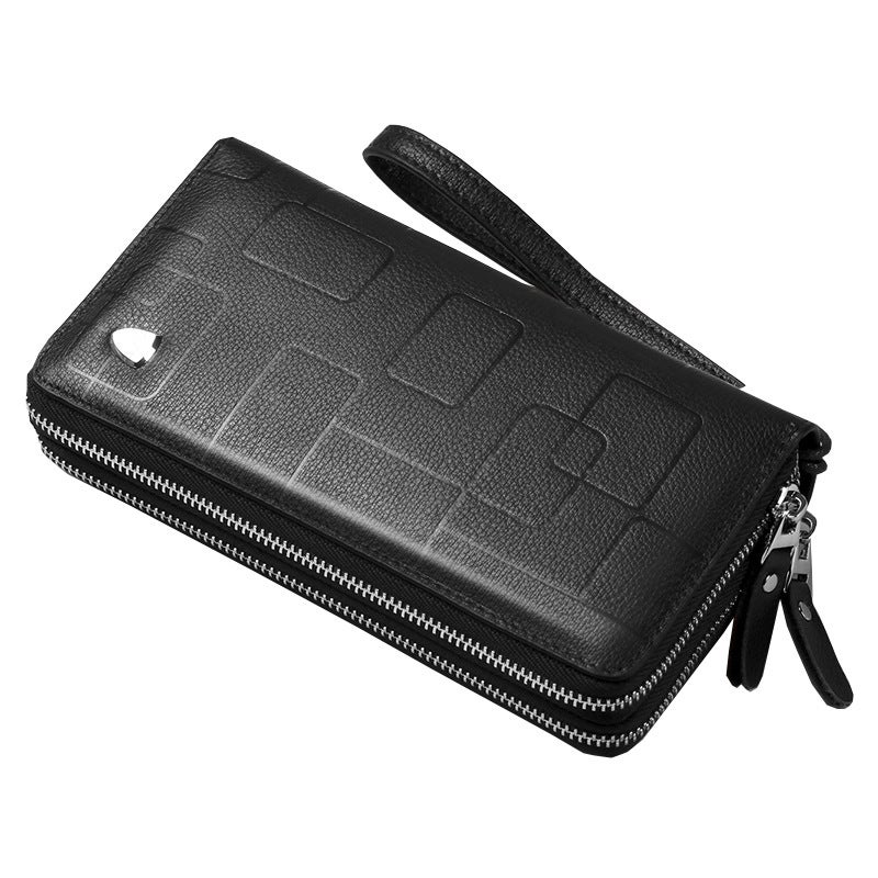 Genuine Leather Mens Wallet Long Zippered Clutch Geometric Phone Pouch Black