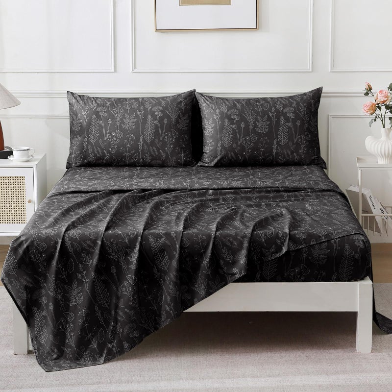 Homilay 100% Organic Cotton Percale Sheets Set,Queen Size 4 PC, Breathable&Durable Hotel Quality Bedding, 16" Deep Pocket Botanical Floral Bedsheets,Black - Image 3