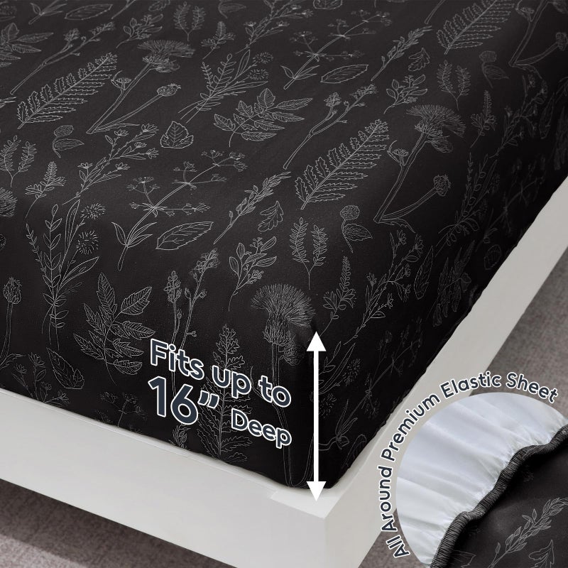 Homilay 100% Organic Cotton Percale Sheets Set,Queen Size 4 PC, Breathable&Durable Hotel Quality Bedding, 16" Deep Pocket Botanical Floral Bedsheets,Black - Image 4