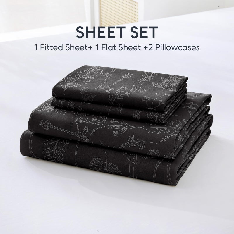 Homilay 100% Organic Cotton Percale Sheets Set,Queen Size 4 PC, Breathable&Durable Hotel Quality Bedding, 16" Deep Pocket Botanical Floral Bedsheets,Black - Image 2