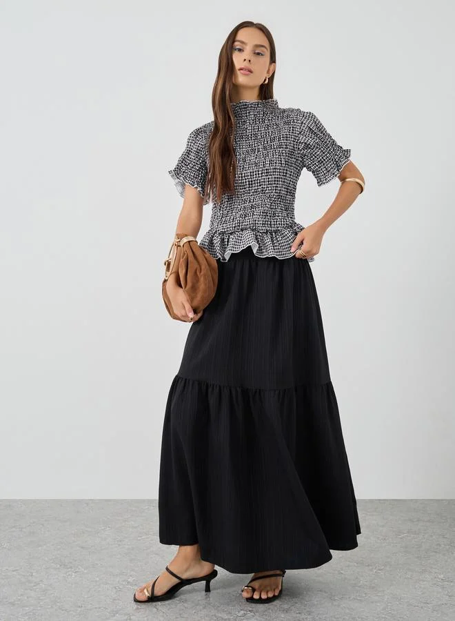 تايك تو Take Two Gingham Print Smocked Detail Ruffled Hem Top