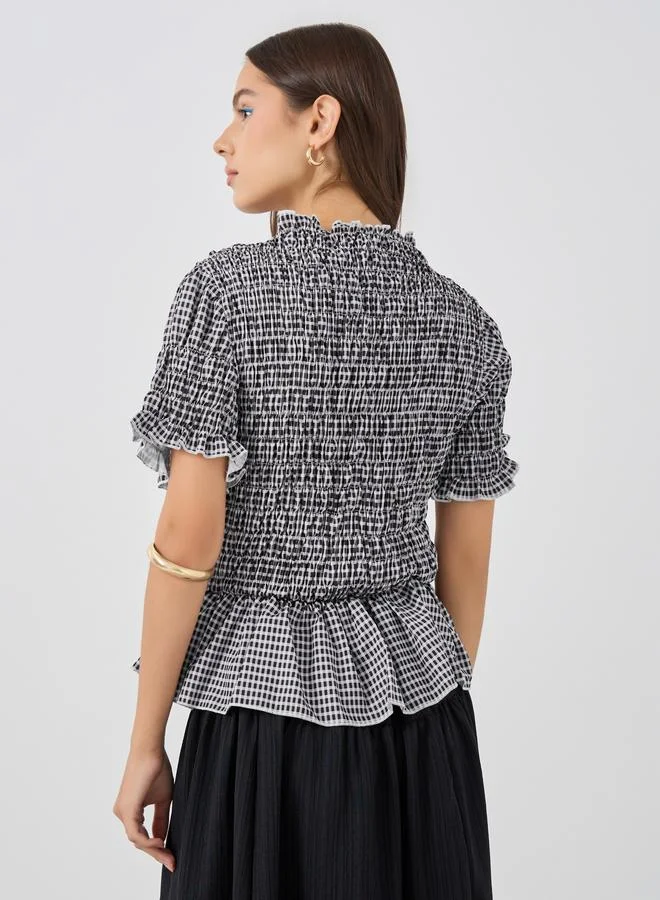 Take Two Take Two Gingham Print Smocked Detail Ruffled Hem Top