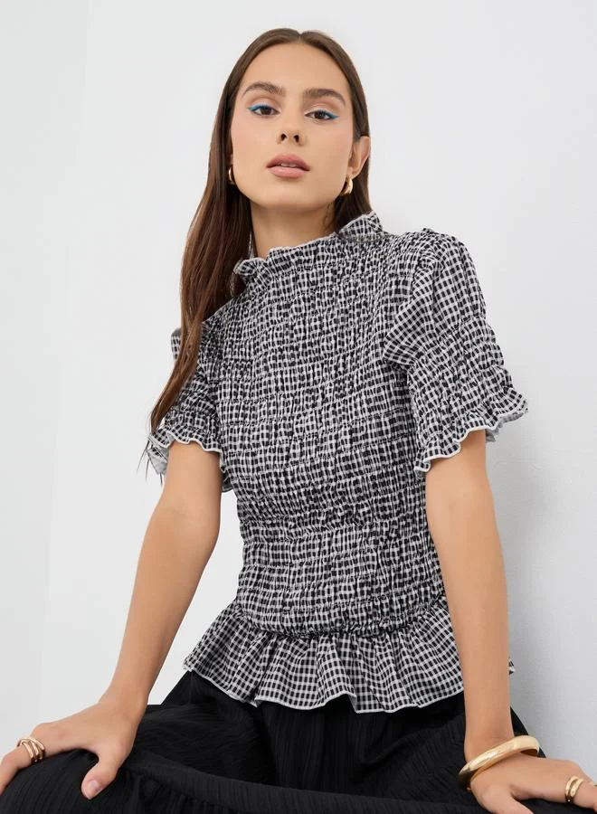 تايك تو Take Two Gingham Print Smocked Detail Ruffled Hem Top