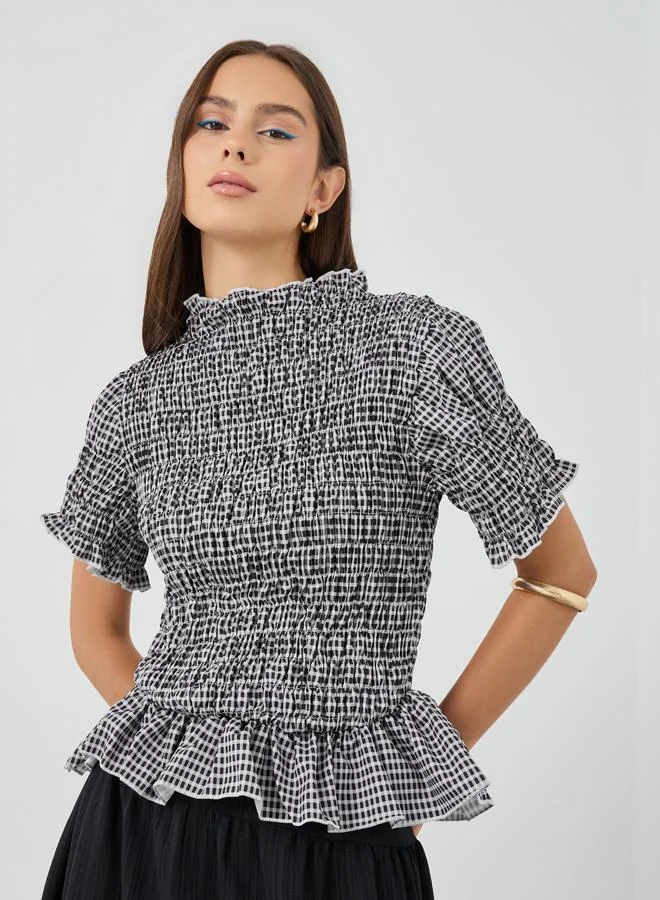 Take Two Take Two Gingham Print Smocked Detail Ruffled Hem Top