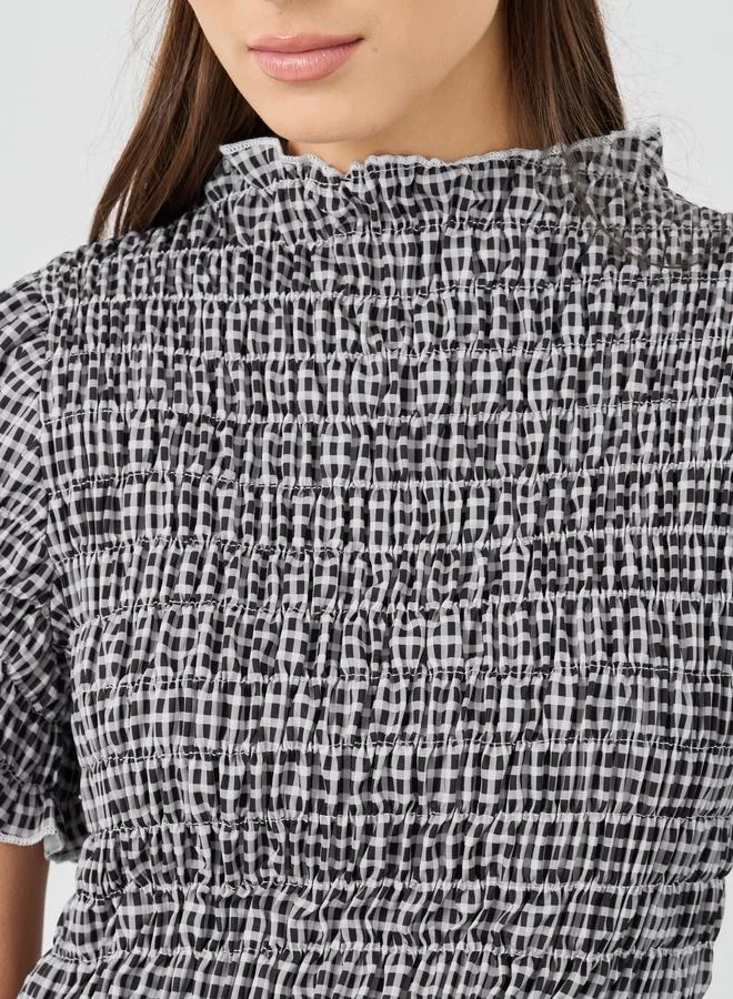 Take Two Take Two Gingham Print Smocked Detail Ruffled Hem Top