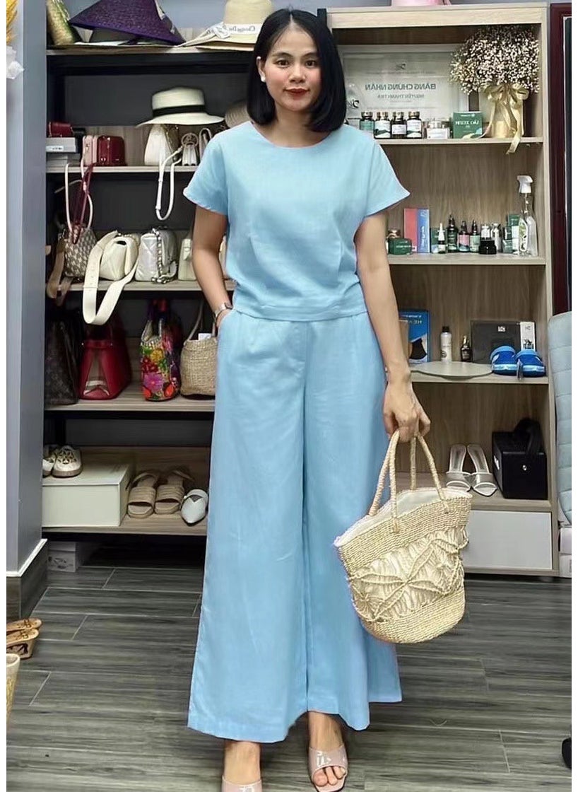 Amazon cross-border spring and summer plus size loose chubby girl temperament casual solid color short sleeve sports suit foreign trade wholesale Sky Blue