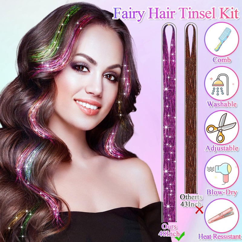LifeisLuck 25Colors Fairy Hair Tinsels Kit 5000 Hair Glitter Strands 48Inch Heat Resistant Tinsel Hairs Extension Sparkling Shiny Highlights Hairs Tinsel with Tools for Christmas Halloween New Year Cosplay Party - Image 5