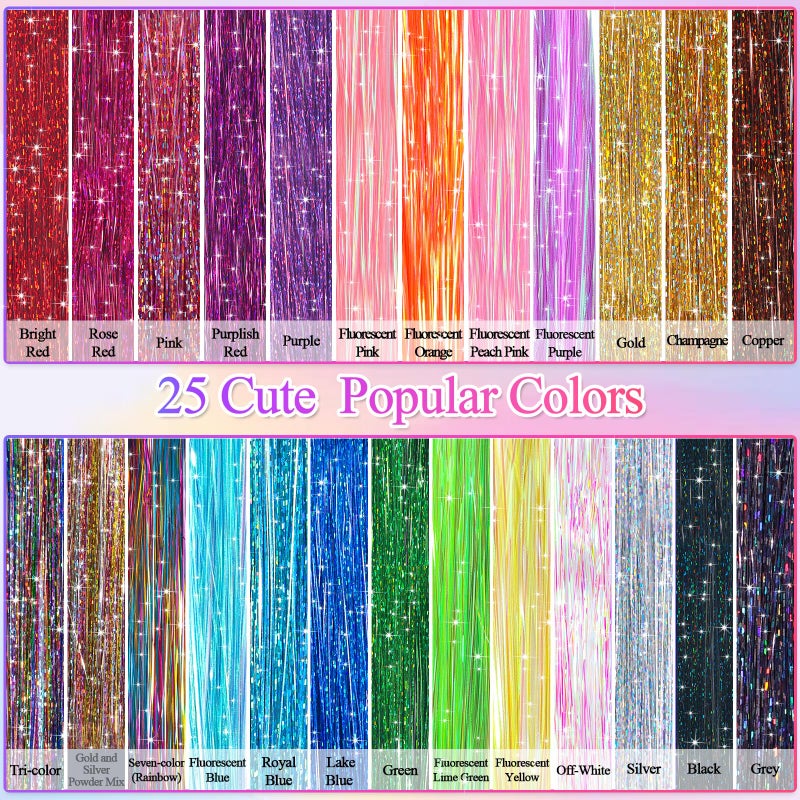 LifeisLuck 25Colors Fairy Hair Tinsels Kit 5000 Hair Glitter Strands 48Inch Heat Resistant Tinsel Hairs Extension Sparkling Shiny Highlights Hairs Tinsel with Tools for Christmas Halloween New Year Cosplay Party - Image 3