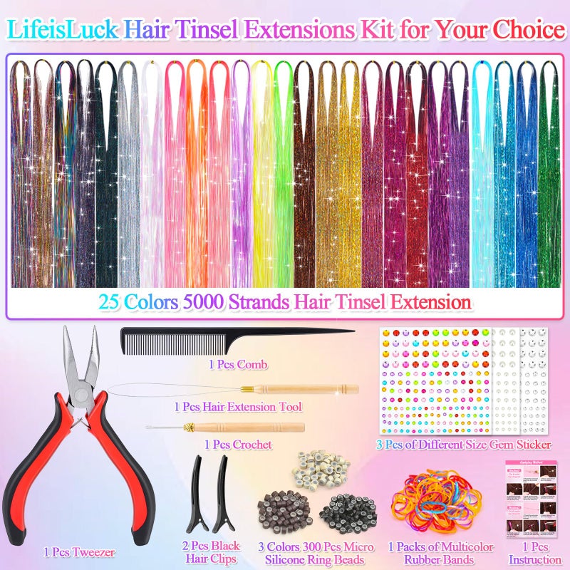 LifeisLuck 25Colors Fairy Hair Tinsels Kit 5000 Hair Glitter Strands 48Inch Heat Resistant Tinsel Hairs Extension Sparkling Shiny Highlights Hairs Tinsel with Tools for Christmas Halloween New Year Cosplay Party - Image 2