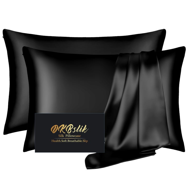 DKBslik Silk Pillowcase 2 Pack, Mulberry Silk Pillow Cases Queen Size Set of 2, Anti Acne Silk Pillowcase for Hair and Skin, Natural Satin Pillowcases for Sleeping Women with Zipper, Black - Image 1