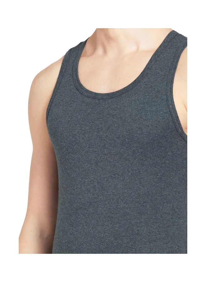 Jockey Charcoal Melange & Neon Orange FP04 Men Super Combed Cotton Rib Round Neck Sleeveless Vest with Extended Length for Easy Tuck for Men | Best Price UAE