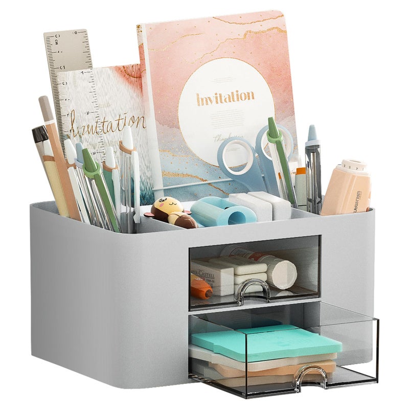 Marbrasse Pen Organizer with 2 Drawer, Multi-Functional Pencil Holder for Desk, Desk Organizers and Accessories with 5 Compartments + Drawer for Office Art Supplies (Grey) - Image 1