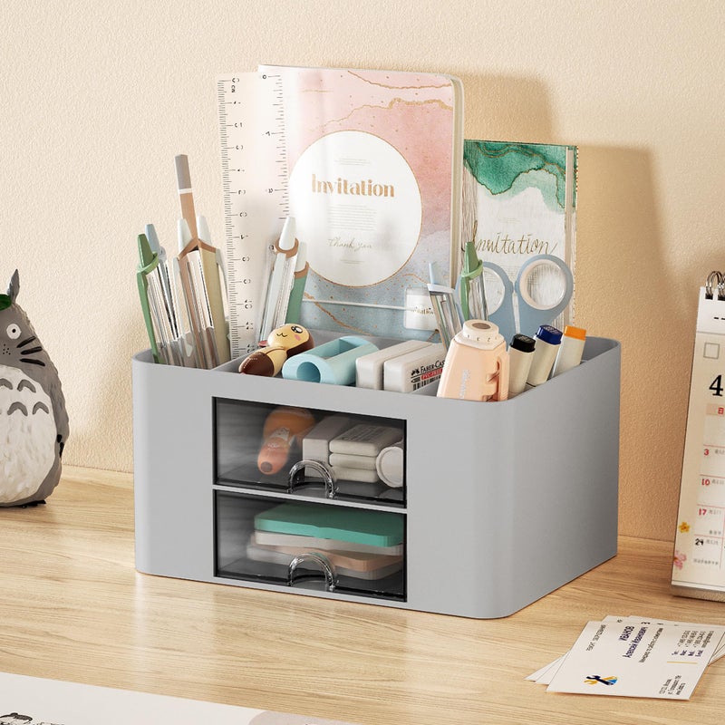 Marbrasse Pen Organizer with 2 Drawer, Multi-Functional Pencil Holder for Desk, Desk Organizers and Accessories with 5 Compartments + Drawer for Office Art Supplies (Grey) - Image 3