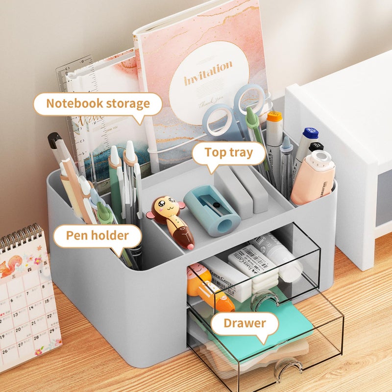 Marbrasse Pen Organizer with 2 Drawer, Multi-Functional Pencil Holder for Desk, Desk Organizers and Accessories with 5 Compartments + Drawer for Office Art Supplies (Grey) - Image 2