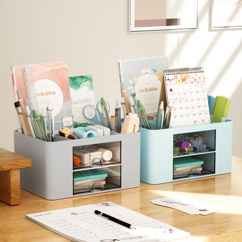 Marbrasse Pen Organizer with 2 Drawer, Multi-Functional Pencil Holder for Desk, Desk Organizers and Accessories with 5 Compartments + Drawer for Office Art Supplies (Grey) - Image 5