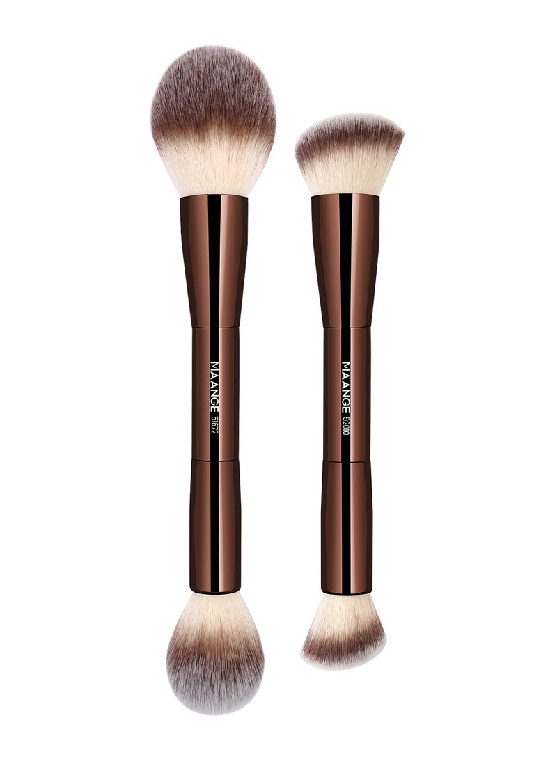 MAANGE فرش مكياج الأساس، 2 قطعة فرشاة مكياج مزدوجة الطرف (مسطحة/مائلة/مدورة مائلة/مخروطية) لتوزيع السائل، الكريم، البودرة، فرشاة دمج كونتور الوجه (بني) - Image 1