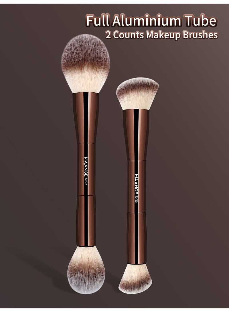 MAANGE فرش مكياج الأساس، 2 قطعة فرشاة مكياج مزدوجة الطرف (مسطحة/مائلة/مدورة مائلة/مخروطية) لتوزيع السائل، الكريم، البودرة، فرشاة دمج كونتور الوجه (بني) - Image 4