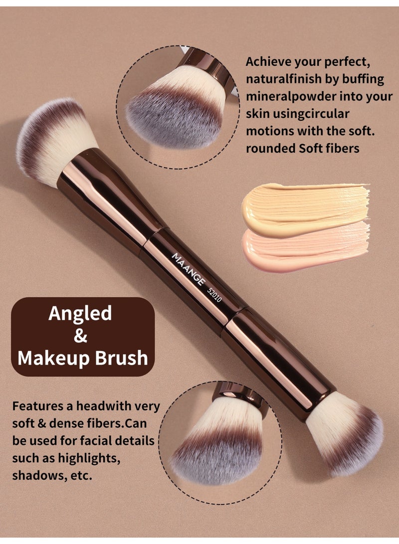 MAANGE فرش مكياج الأساس، 2 قطعة فرشاة مكياج مزدوجة الطرف (مسطحة/مائلة/مدورة مائلة/مخروطية) لتوزيع السائل، الكريم، البودرة، فرشاة دمج كونتور الوجه (بني) - Image 3