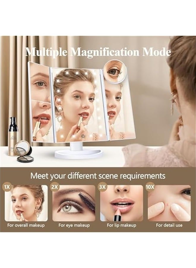 Makeup Mirror Vanity Mirror with Lights, 2X 3X 10X Magnification, Lighted Makeup Mirror, Touch Control, Trifold Makeup Mirror, Dual Power Supply, Portable LED Makeup Mirror, Women Gift (White) - Image 4