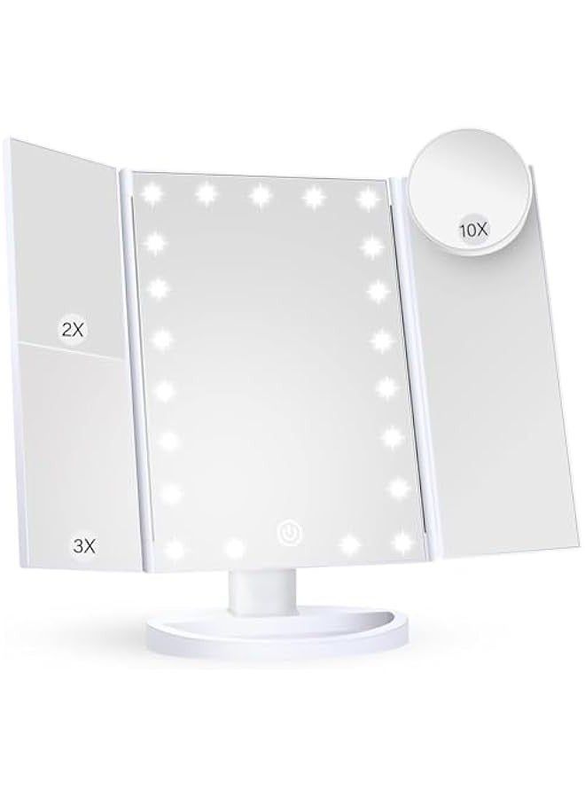 Makeup Mirror Vanity Mirror with Lights, 2X 3X 10X Magnification, Lighted Makeup Mirror, Touch Control, Trifold Makeup Mirror, Dual Power Supply, Portable LED Makeup Mirror, Women Gift (White) - Image 1