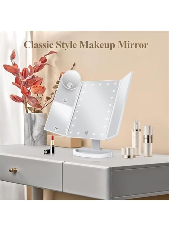 Makeup Mirror Vanity Mirror with Lights, 2X 3X 10X Magnification, Lighted Makeup Mirror, Touch Control, Trifold Makeup Mirror, Dual Power Supply, Portable LED Makeup Mirror, Women Gift (White) - Image 2