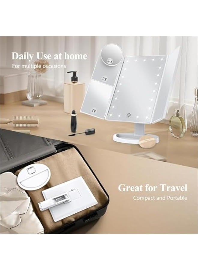 Makeup Mirror Vanity Mirror with Lights, 2X 3X 10X Magnification, Lighted Makeup Mirror, Touch Control, Trifold Makeup Mirror, Dual Power Supply, Portable LED Makeup Mirror, Women Gift (White) - Image 5