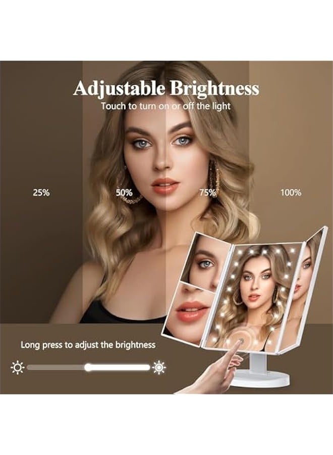 Makeup Mirror Vanity Mirror with Lights, 2X 3X 10X Magnification, Lighted Makeup Mirror, Touch Control, Trifold Makeup Mirror, Dual Power Supply, Portable LED Makeup Mirror, Women Gift (White) - Image 3
