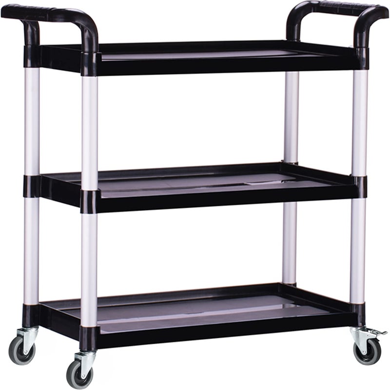 PELOEMNS Plastic Utility Carts with Wheels, Heavy Duty 510lbs Capacity Rolling Service Cart, 3-Tier Restaurant Food Cart with Hammer for Office, Warehouse, Garage (Lockable Wheels, Black) - Image 1