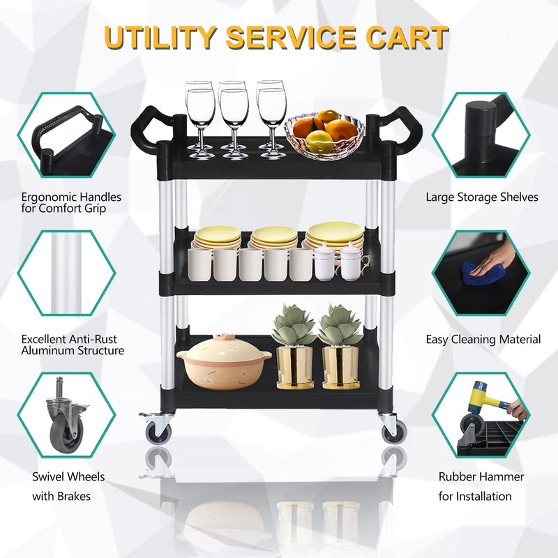 PELOEMNS Plastic Utility Carts with Wheels, Heavy Duty 510lbs Capacity Rolling Service Cart, 3-Tier Restaurant Food Cart with Hammer for Office, Warehouse, Garage (Lockable Wheels, Black) - Image 5