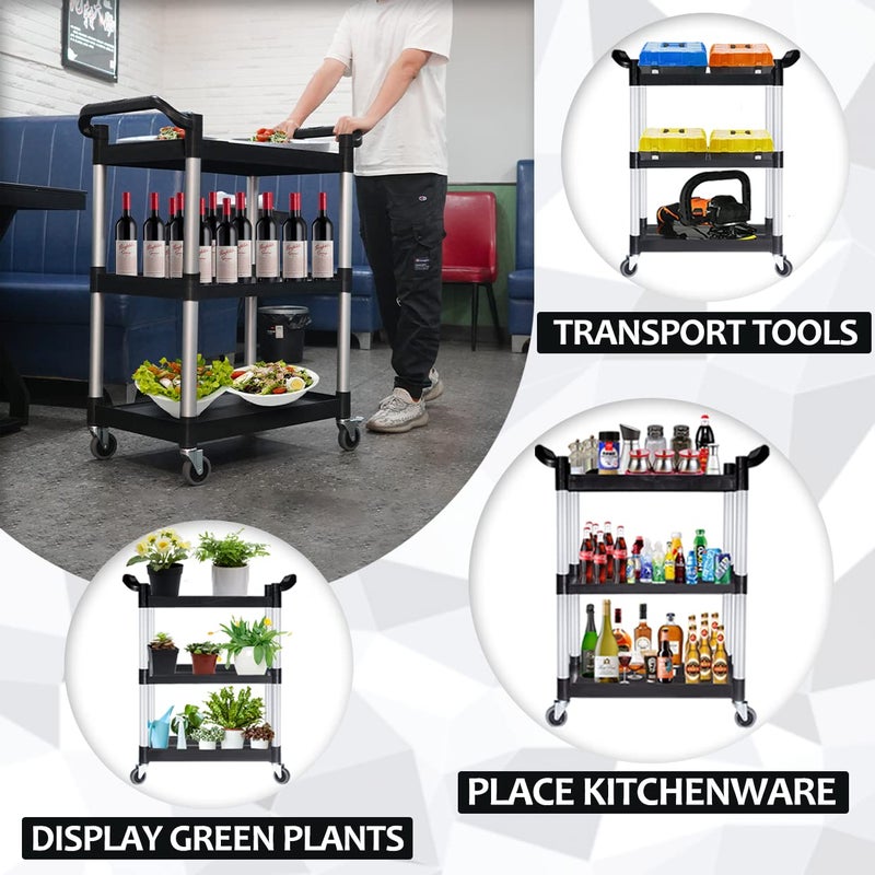 PELOEMNS Plastic Utility Carts with Wheels, Heavy Duty 510lbs Capacity Rolling Service Cart, 3-Tier Restaurant Food Cart with Hammer for Office, Warehouse, Garage (Lockable Wheels, Black) - Image 4