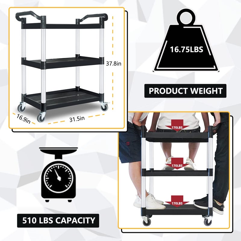 PELOEMNS Plastic Utility Carts with Wheels, Heavy Duty 510lbs Capacity Rolling Service Cart, 3-Tier Restaurant Food Cart with Hammer for Office, Warehouse, Garage (Lockable Wheels, Black) - Image 3