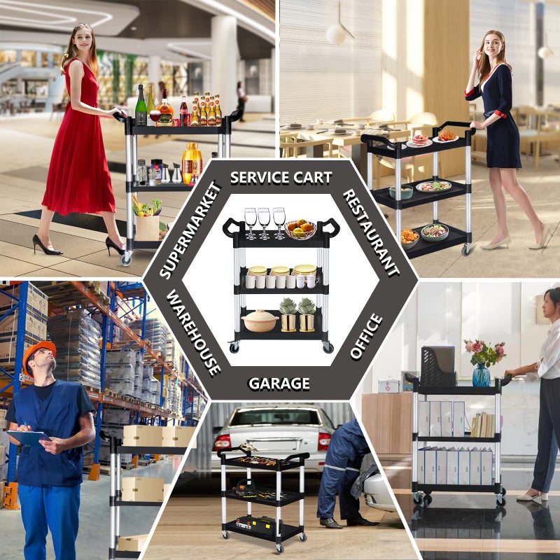 PELOEMNS Plastic Utility Carts with Wheels, Heavy Duty 510lbs Capacity Rolling Service Cart, 3-Tier Restaurant Food Cart with Hammer for Office, Warehouse, Garage (Lockable Wheels, Black) - Image 2
