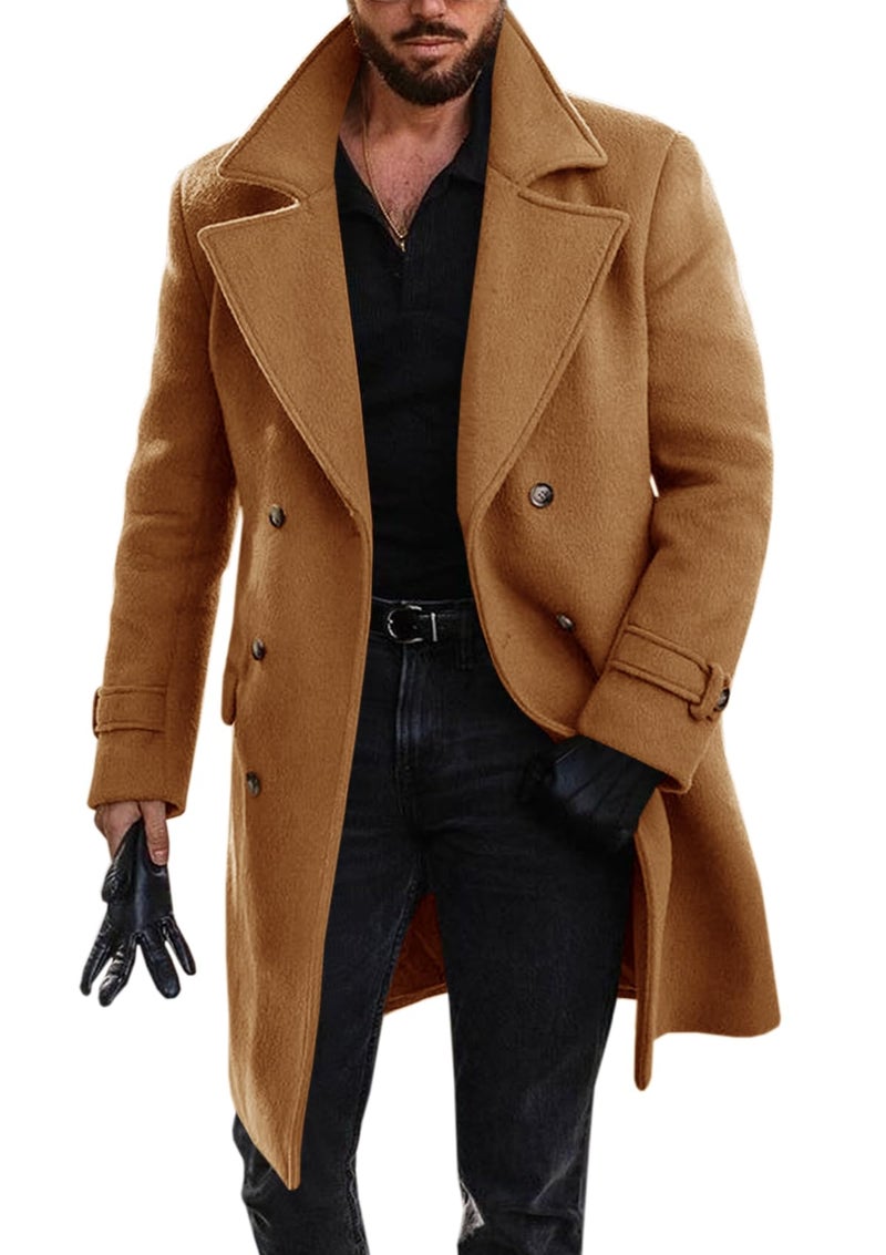 Runcati Mens Double Breasted Trench Coat Mid Long Jacket Notched Lapel Winter Chunky Warm Overcoat - Image 1