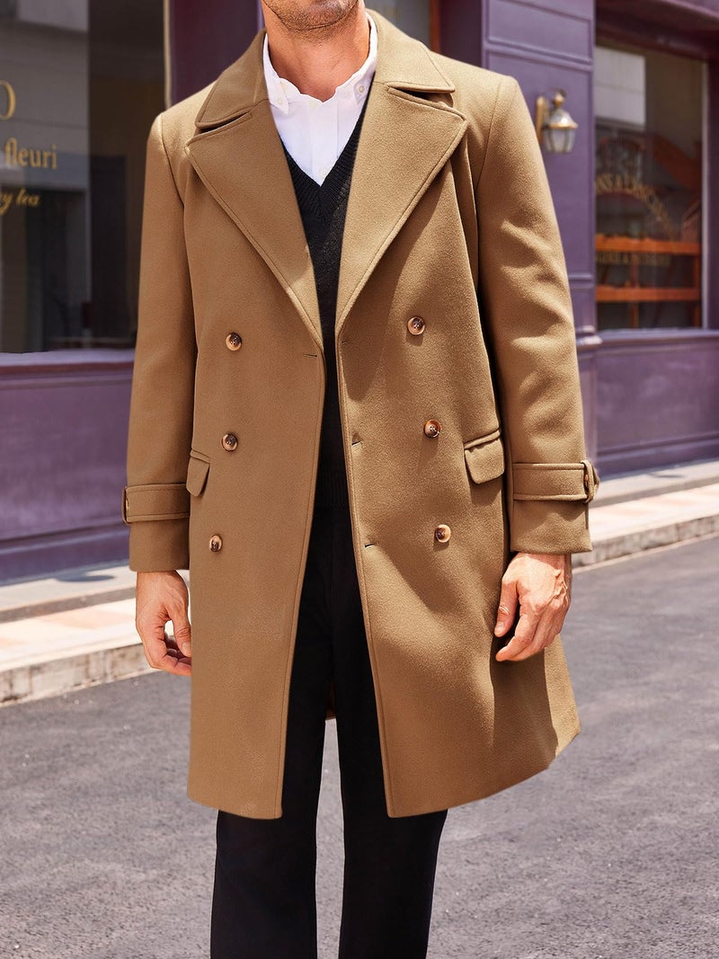 Runcati Mens Double Breasted Trench Coat Mid Long Jacket Notched Lapel Winter Chunky Warm Overcoat - Image 2