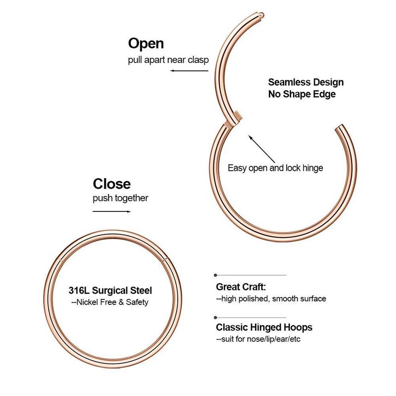 M MOOHAM Nose Rings for Women, 20g Rose Gold Nose Ring Hoop Earring Surgical Steel Hypoallergenic Hinged Small Nose Ring 20 Gauge 6mm Septum Ring Cartilage Hoop Earring Rook Conch Piercing Jewelry for Women - Image 2