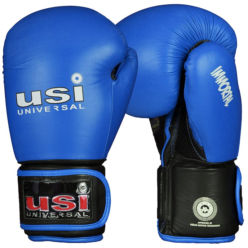 USI UNIVERSAL Boxing Gloves, 609M1 Blue Immortal Safe Spar Gloves, Punching Bag Gloves For Boxing, Training, Top Grain Hide Leather, Foam Padding, Elastic Hook & Loop Wrap Around Strap (Size 12oz) - Image 1